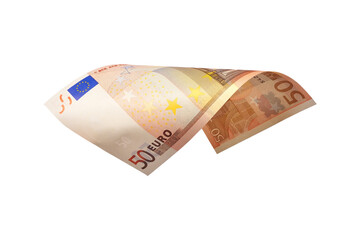 Flying 50 euro cash banknotes