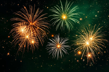 Obraz premium Festive Fireworks Display Against a Dark Green Sky Celebration, New Year, Party, Sparkles, Pyrotechnics.