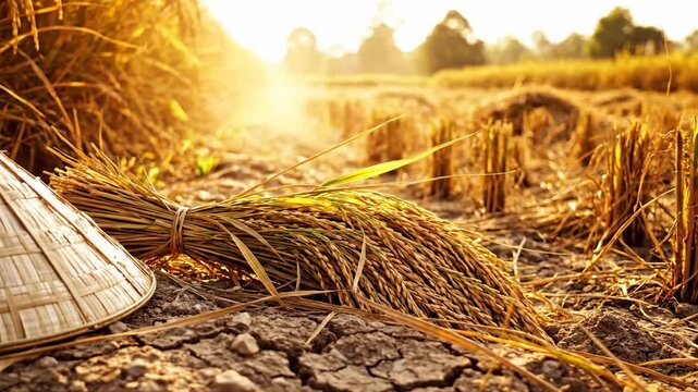 Traditional woven rice hat and harvested rice stalks on farmland during golden hour