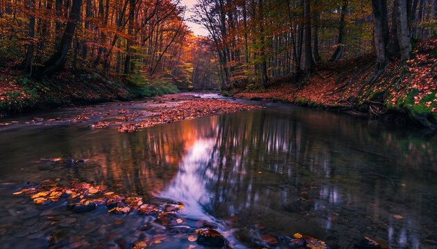 Tranquil Autumn Forest Stream with Vibrant Fall Foliage Reflections