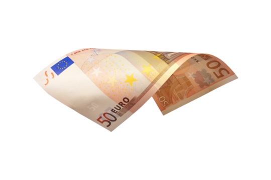 Flying 50 euro cash banknotes