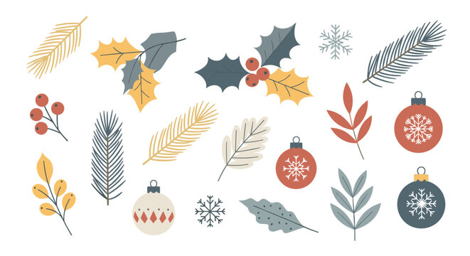Collection of festive christmas holiday illustrations featuring ornaments, holly, pine branches, and snowflakes in a modern, flat vector style with a muted color palette