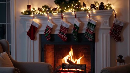 Cozy christmas eve: relaxing by a flickering fire with hanging stockings and holiday lights - Powered by Adobe