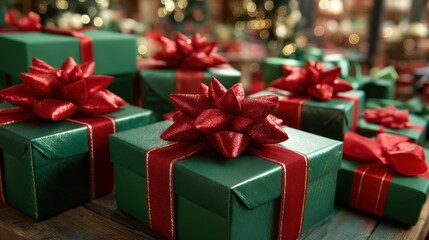 Obraz premium Bright green gifts with red bows are neatly arranged on a wooden table. The background features warm holiday decorations creating a cheerful festive atmosphere.