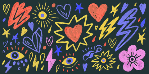Colorful doodle artwork featuring hearts eyes stars flowers and lightning bolts