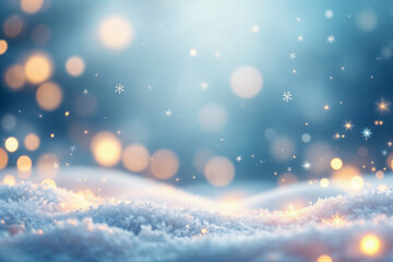 Winter wonderland scene with snow, bokeh lights and falling snowflakes, dreamy Christmas background.