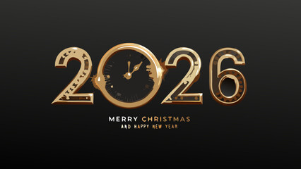 Golden 2026 new year celebration with a clock and christmas wishes