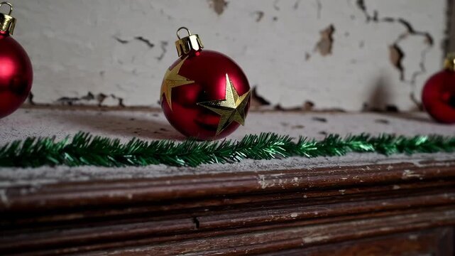Red christmas ornament rolling on snowy wooden surface with festive green garland