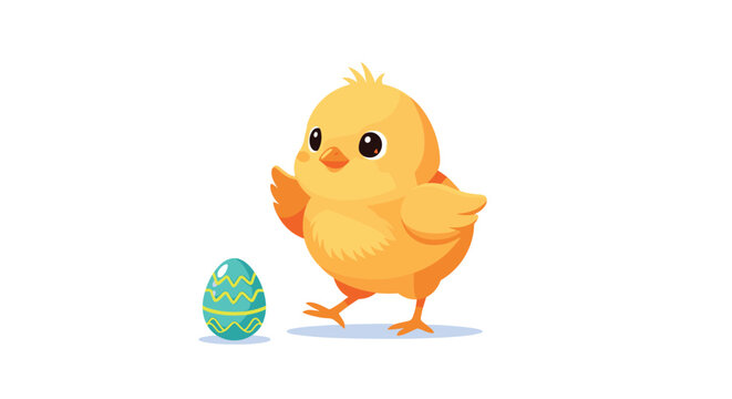 An adorable yellow baby chick stands beside a colorful teal Easter egg, playfully waving its wing on a clean white background, celebrating spring.