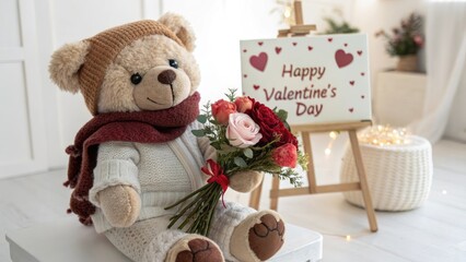 Adorable teddy bear with flowers celebrating Valentine's Day in cozy indoor setting