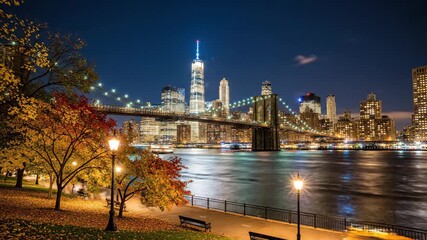 Iconic cityscape skyline bridge water night illumination autumn scenery