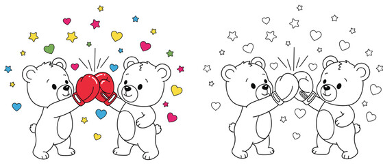 Cute cartoon bears boxing and touching gloves with hearts, coloring book page for kids, split colorful and outline vector illustration for children education
