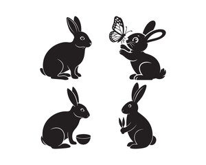 rabbits eating carrots, nuts, playing with butterfly vector silhouette illustratioin set collection