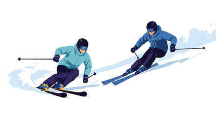 Dynamic skiers carving down snowy slopes, ideal for winter sports promotions and adventurous lifestyle content that captures the thrill of the mountains