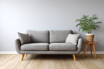 Obraz premium A modern gray sofa with throw pillows sits next to a potted plant.