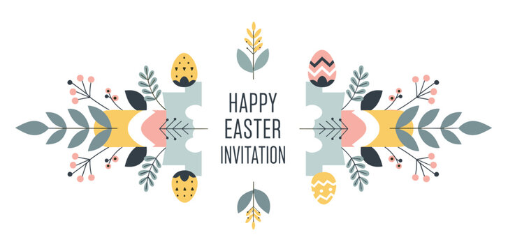 Happy easter invitation greeting card with symmetrical floral decoration, decorated eggs, and modern folk art elements in a pastel color palette