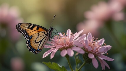 Fototapeta premium Macro of a butterfly resting on a flower with Spring dreamy pastel bokeh