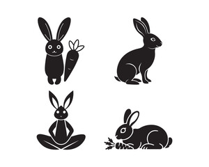 rabbits eating carrots, Sitting vector silhouette illustratioin set collection