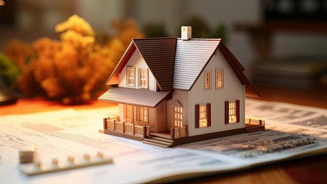 miniature wooden house model on blueprint, warm workshop lighting highlights snow-dusted roof and detailed shingles, scale tools and drafting papers surround
