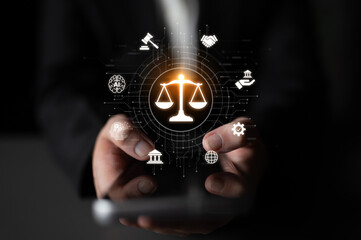 Futuristic digital law interface displaying justice scale, highlighting digital law, AI compliance,...