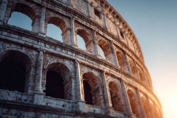 Obraz premium Ancient amphitheater arches bathed in warm sunlight under a clear sky.