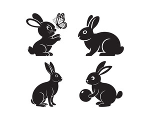 rabbits eating carrots, nuts, playing with butterfly vector silhouette illustratioin set collection