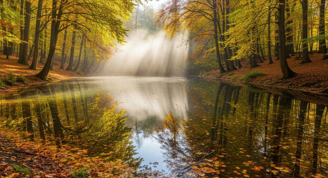 Autumn forest lake with sun rays breaking through morning fog, golden leaves