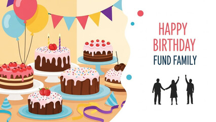 Delightful birthday party cakes and festive decor for a heartwarming family celebration, perfect for invitations and joyful event promotion