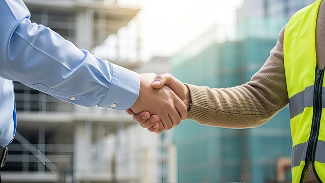 Building collaborations: Construction handshake symbolizing teamwork and agreements