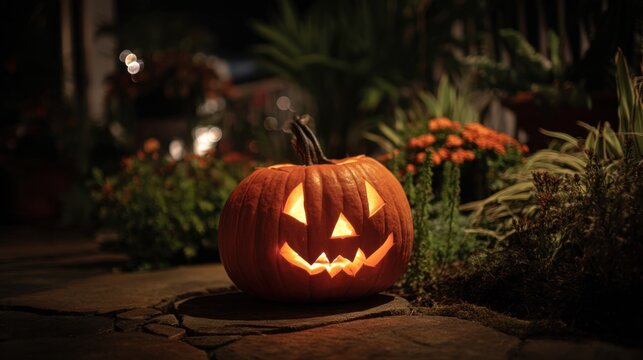 A carved pumpkin with a smiling face glows warmly on a stone pathway. Colorful autumn flowers frame the scene enhancing the festive Halloween spirit at night. - Powered by Adobe