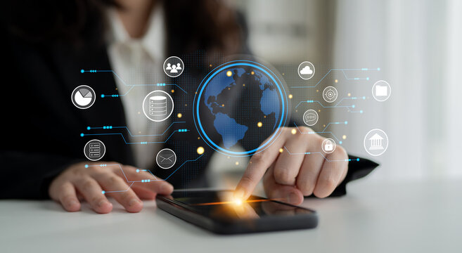 A global business network and digital infrastructure concept. A worldwide connection of services including data, finance, and secure communication. Motif