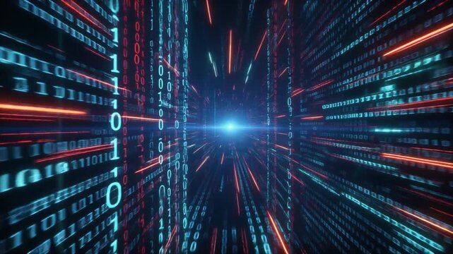 Dynamic digital data stream with glowing binary code for futuristic technology