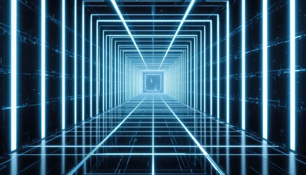 Step into a vibrant, modern digital tunnel with glowing blue neon lights now