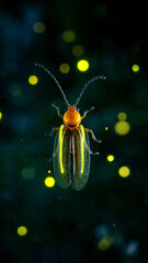 Close-up of a vibrant iridescent beetle with bright yellow striped wings against a dark, magical bokeh background of glowing fireflies at night.