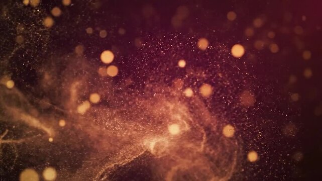 Golden light bokeh particles floating gently in a deep burgundy atmosphere creating a magical and elegant abstract motion graphics background