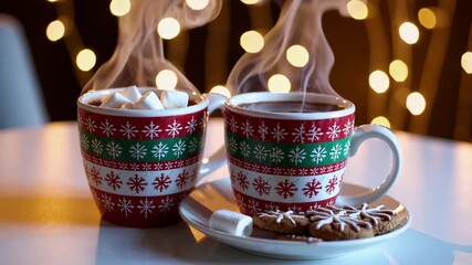 Steaming hot cocoa with marshmallows and festive cookies against a warm bokeh background - Powered by Adobe