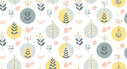 Seamless easter pattern with stylized plants, decorative eggs, and berries in a gentle pastel color palette, featuring a minimalist scandinavian design for spring holiday decoration