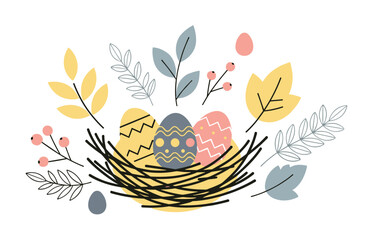 Obraz premium Bird's nest with three decorated easter eggs is surrounded by stylized leaves and berries in a charming, modern flat design illustration perfect for spring holiday celebrations