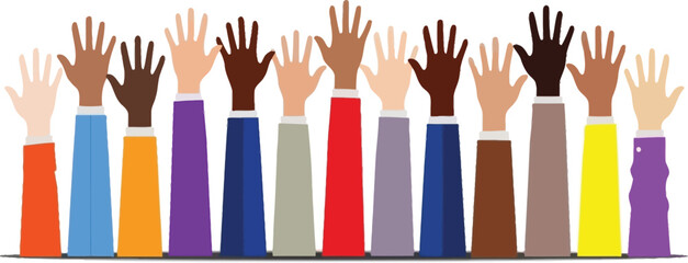 Vibrant vector illustration showing diverse hands with multiple skin tones raised in unity, representing community engagement, social equality, and collective support