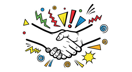 Handshake illustration in a vibrant pop-art style with colorful geometric shapes and an exclamation mark symbolizing an exciting agreement or successful partnership
