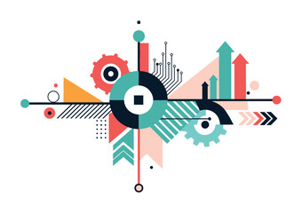 Fototapeta premium Abstract geometric technology composition with gears and arrows representing progress, innovation, and data analysis in a modern flat vector illustration style