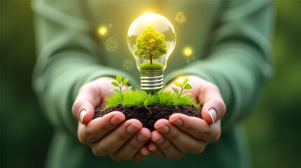 Hand holding a glowing eco light bulb symbolizing green energy and innovation