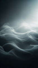 Abstract flowing ethereal white smoke waves with soft light gradient against a dark background, illustrating smooth mystical movement and emerging mystery.