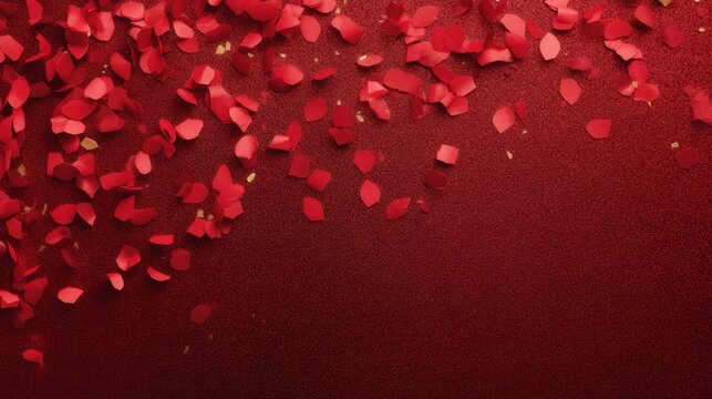 Bright red confetti pieces cover a rich textured surface creating a lively and festive atmosphere perfect for parties or special occasions.