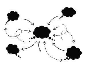 Brainstorming and communication vector illustration with thought bubbles and arrows