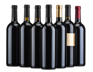  Assorted Black Wine Bottles in Mixed Shapes, grouped collection, isolated transparent background png