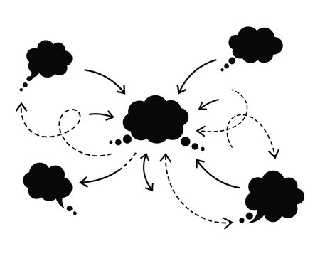Brainstorming and communication vector illustration with thought bubbles and arrows