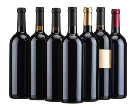  Assorted Black Wine Bottles in Mixed Shapes, grouped collection, isolated transparent background png