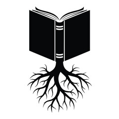 Open book with root system vector illustration for knowledge growth