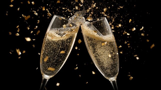 Two glasses filled with sparkling drink collide in a toast surrounded by golden confetti flying through the air creating a joyful celebration vibe.